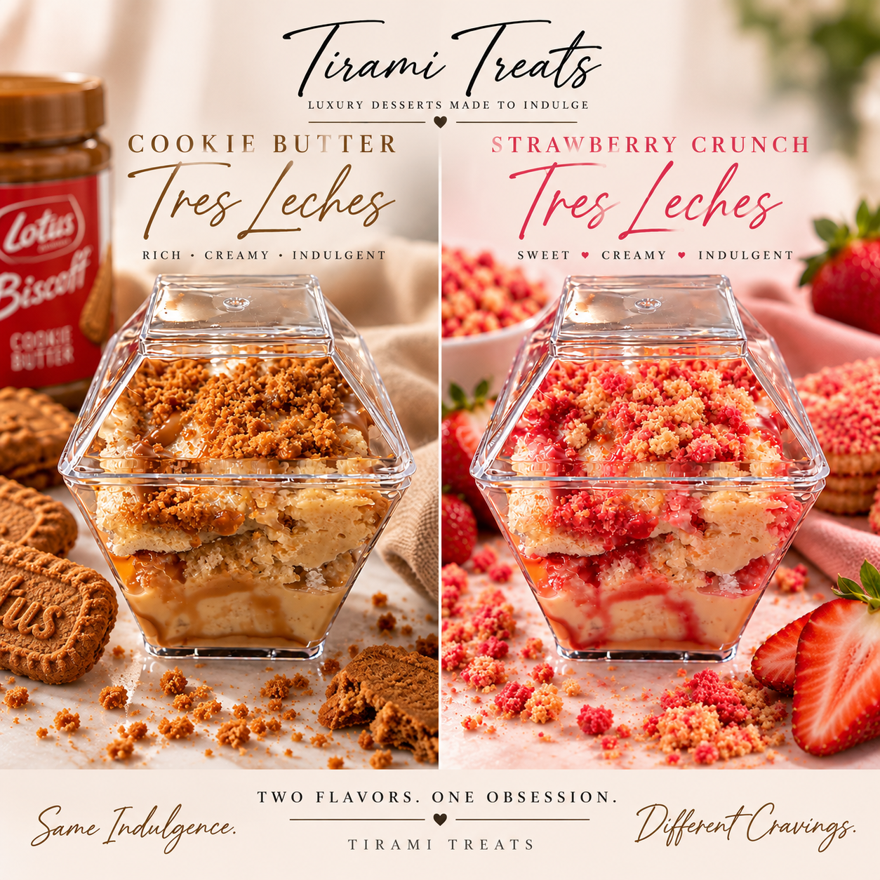 Cookie Butter Tres Leches and Strawberry Crunch Tres Leches desserts