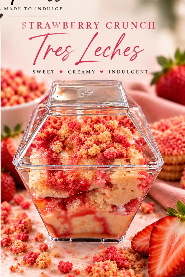 Strawberry Crunch Tres Leches Cup with strawberry crumble